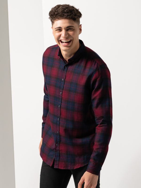Brushed check casual shirt with button-down collar