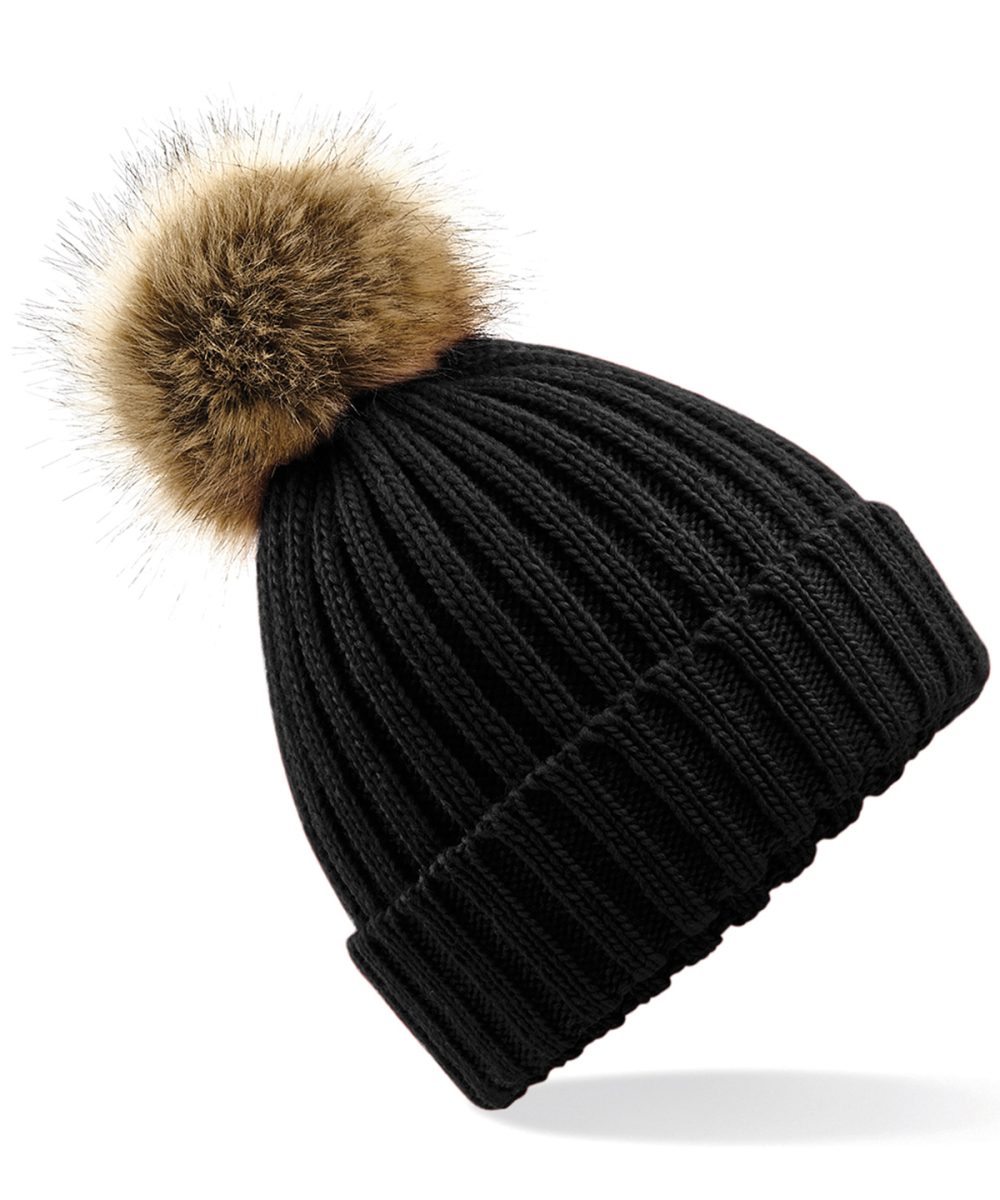 Black Fur pop pom chunky beanie