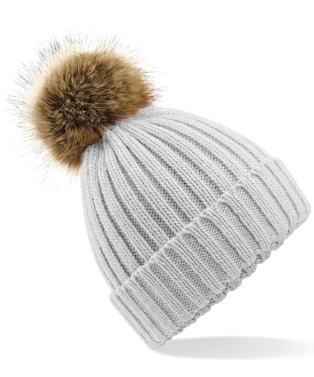 Light Grey Fur pop pom chunky beanie