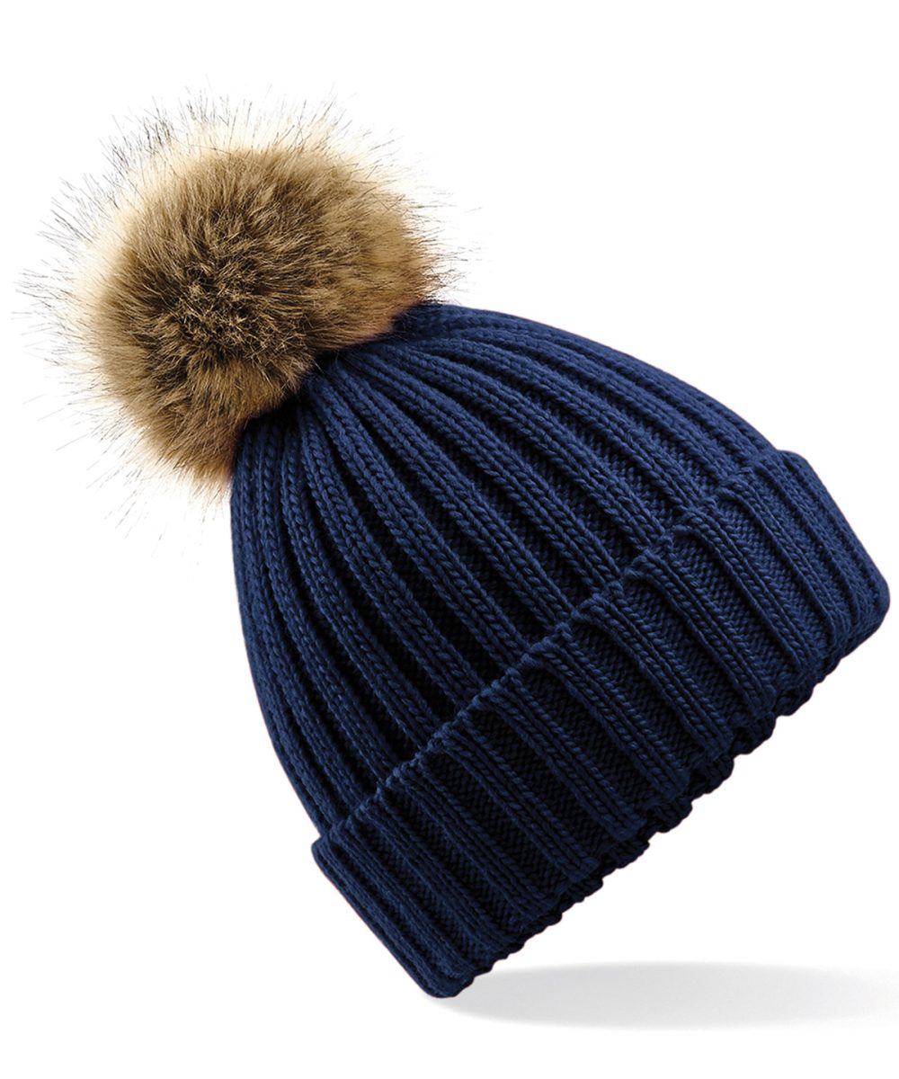 Navy Fur pop pom chunky beanie