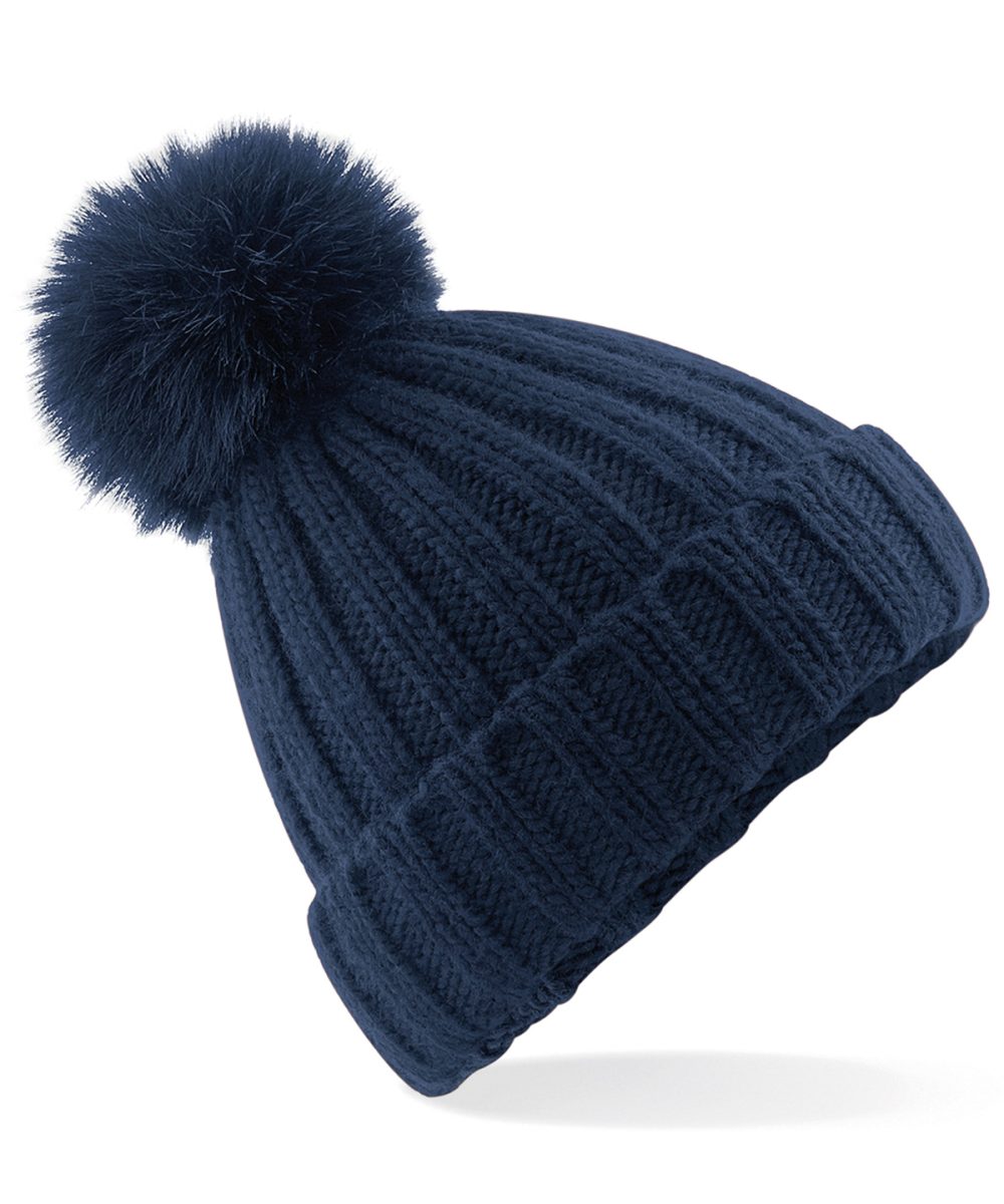 Navy Verbier fur pop pom chunky beanie