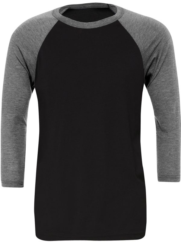 Black/Deep Heather Unisex triblend ¾ sleeve baseball t-shirt