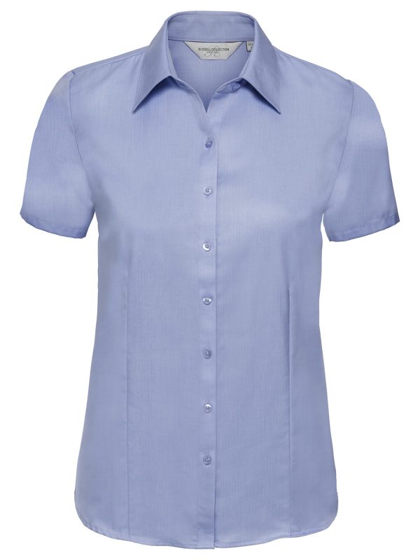 Light Blue Women's short sleeve herringbone shirt