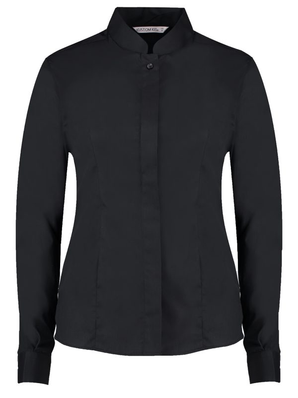 Black Women's mandarin collar shirt long-sleeved (tailored fit)