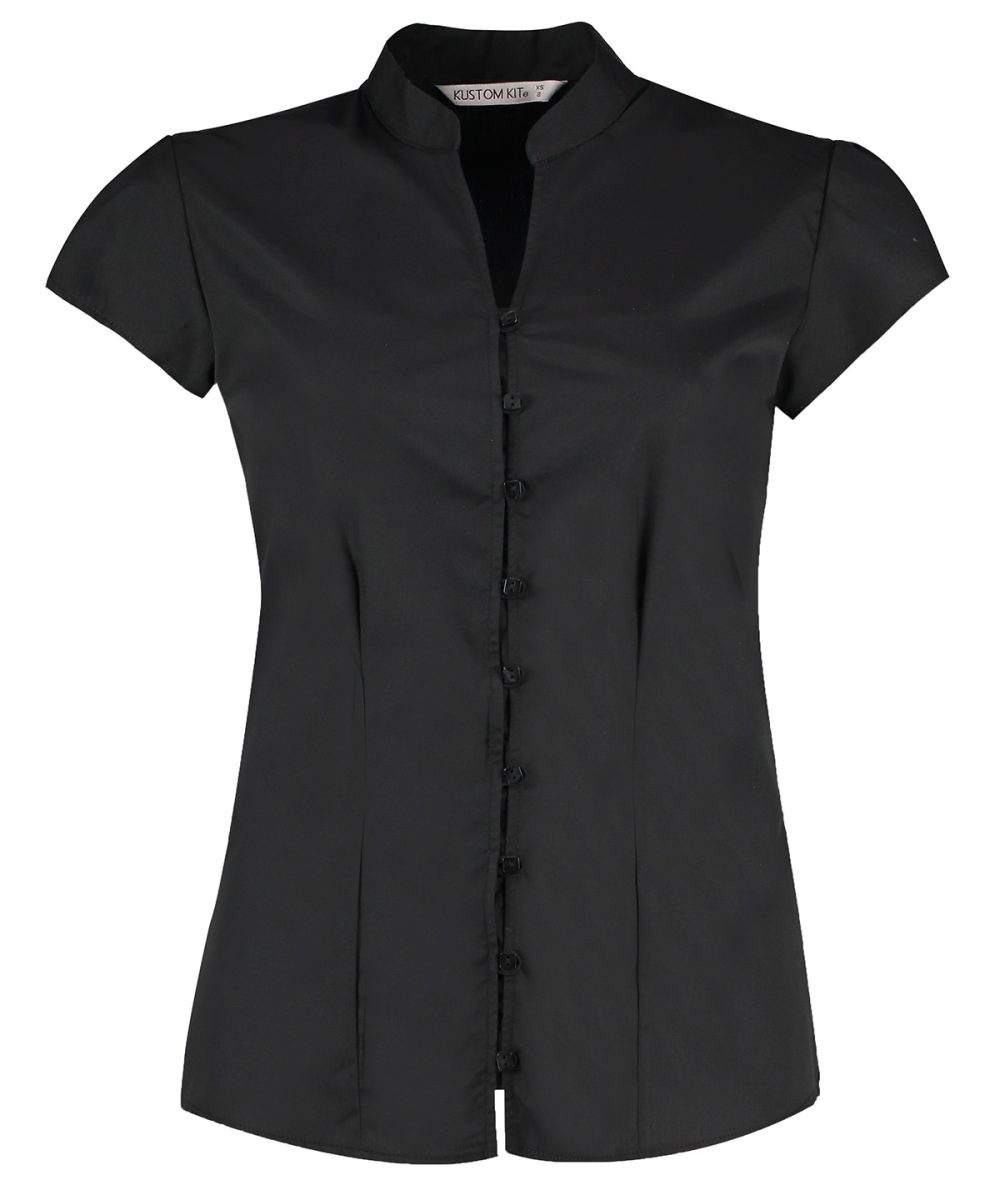 Black Women's continental blouse mandarin collar cap sleeve (tailored fit)