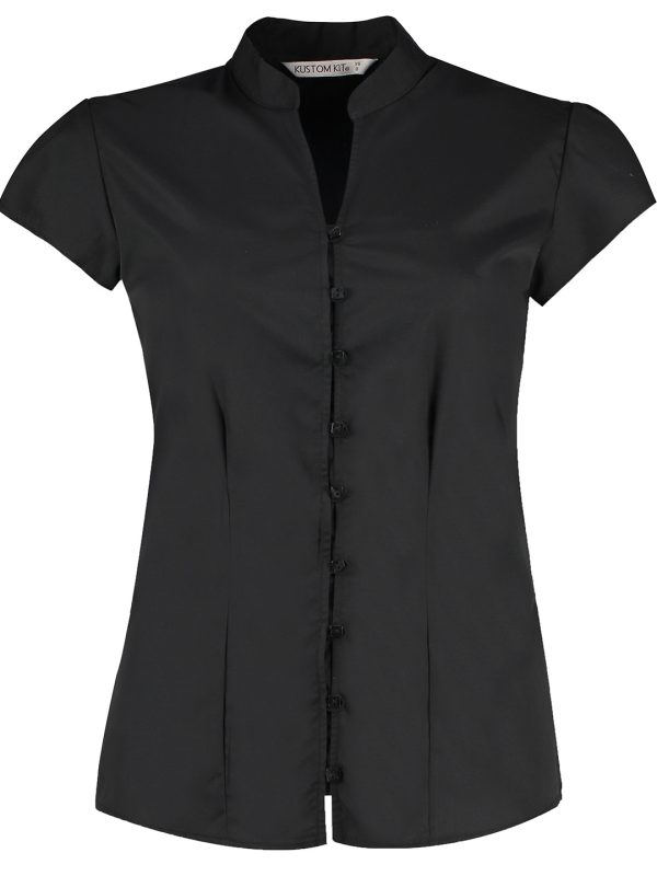 Black Women's continental blouse mandarin collar cap sleeve (tailored fit)