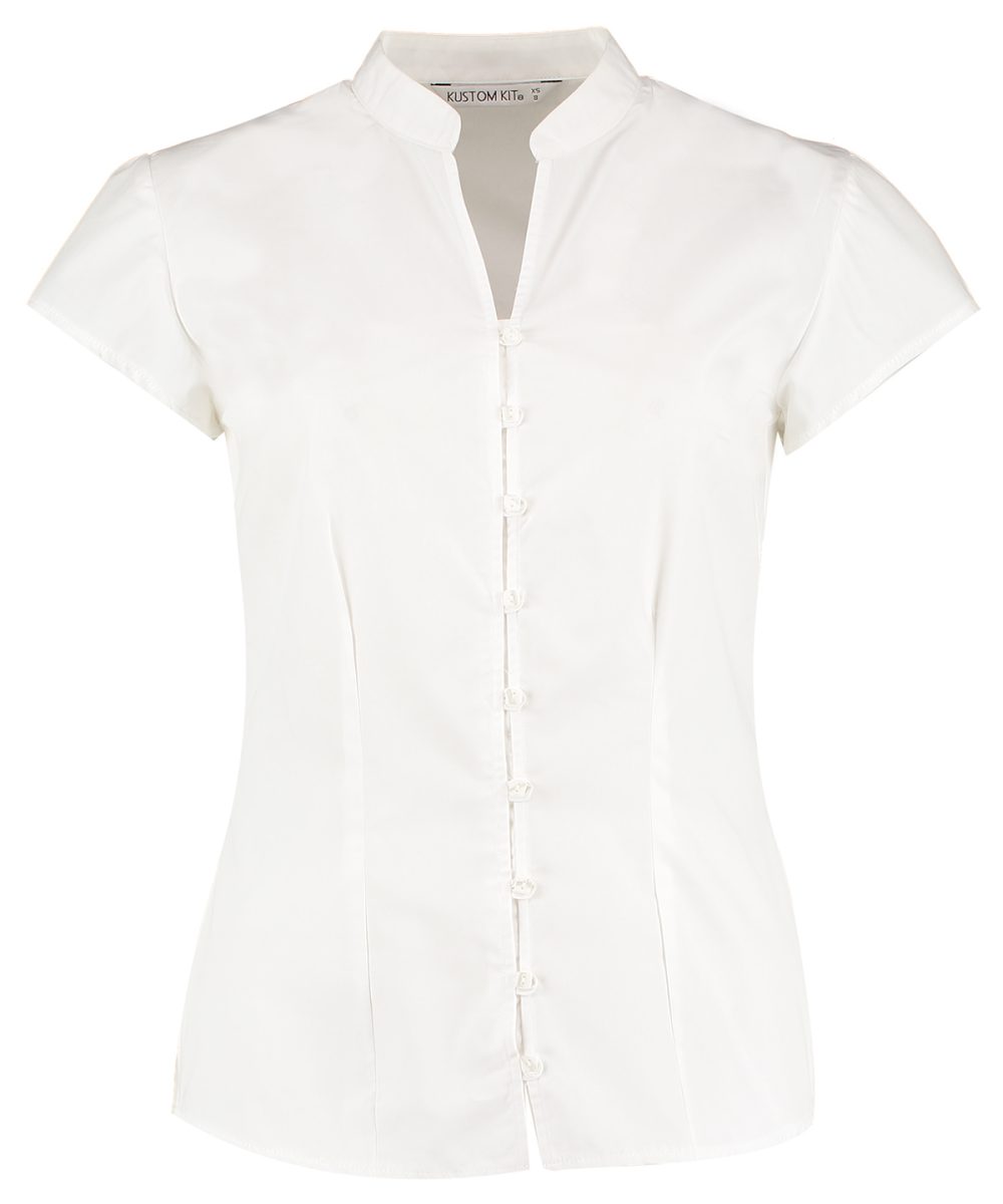 White Women's continental blouse mandarin collar cap sleeve (tailored fit)