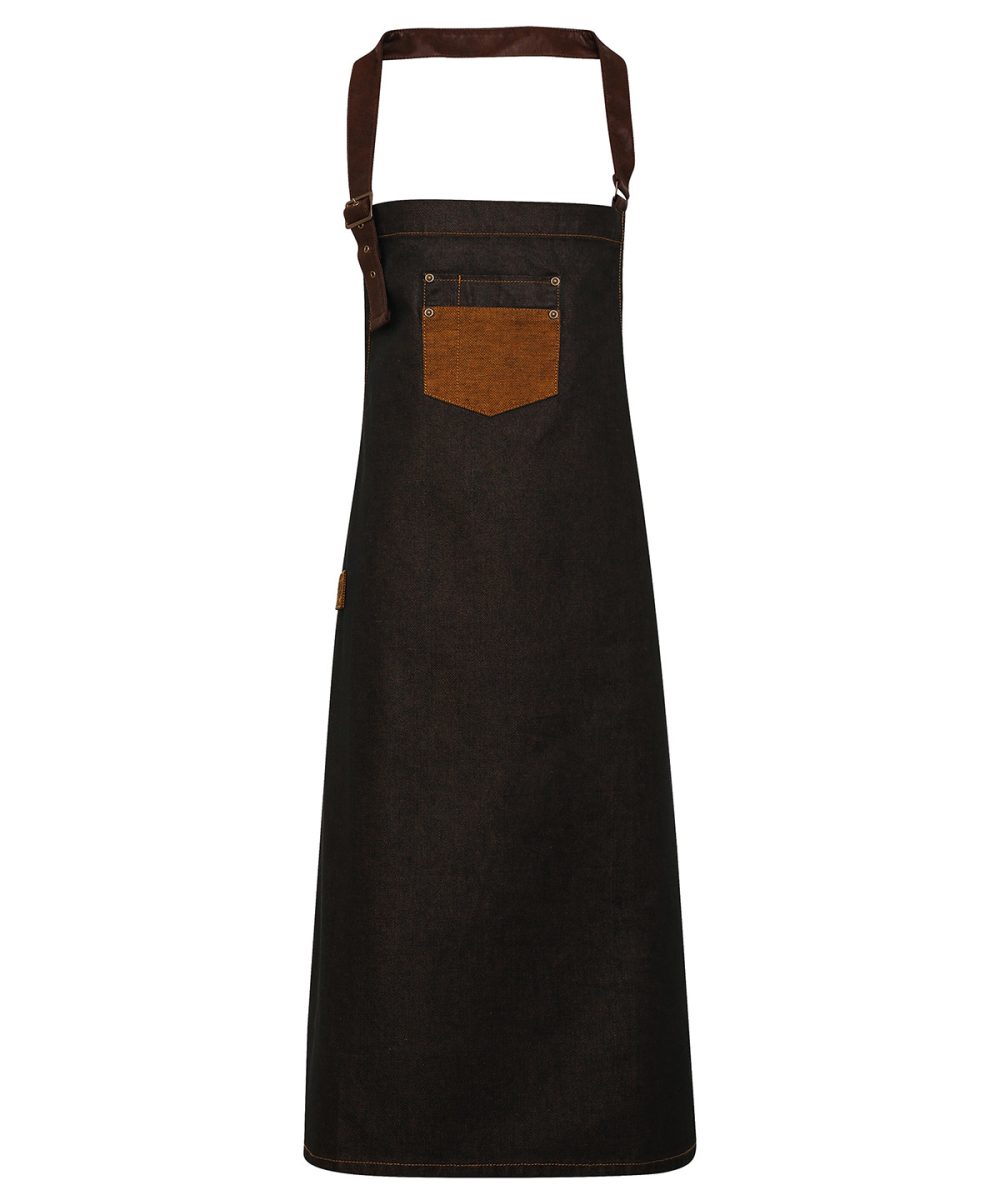 Black/Tan Denim Division waxed-look denim bib apron with faux leather