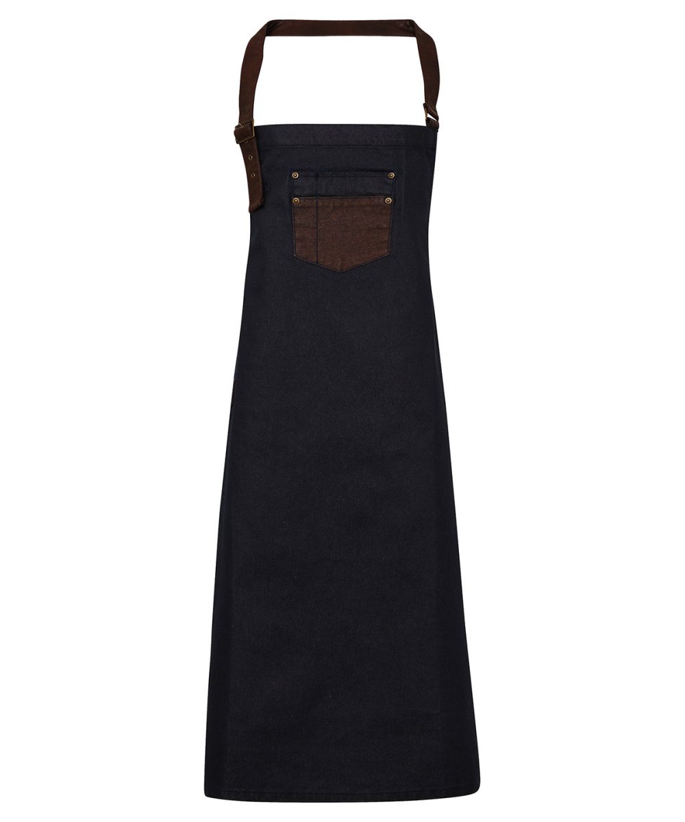 Indigo/Brown Denim Division waxed-look denim bib apron with faux leather