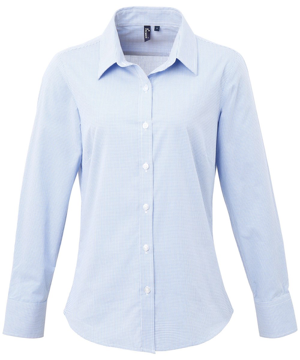 Light Blue/White Women's Microcheck (Gingham) long sleeve cotton shirt