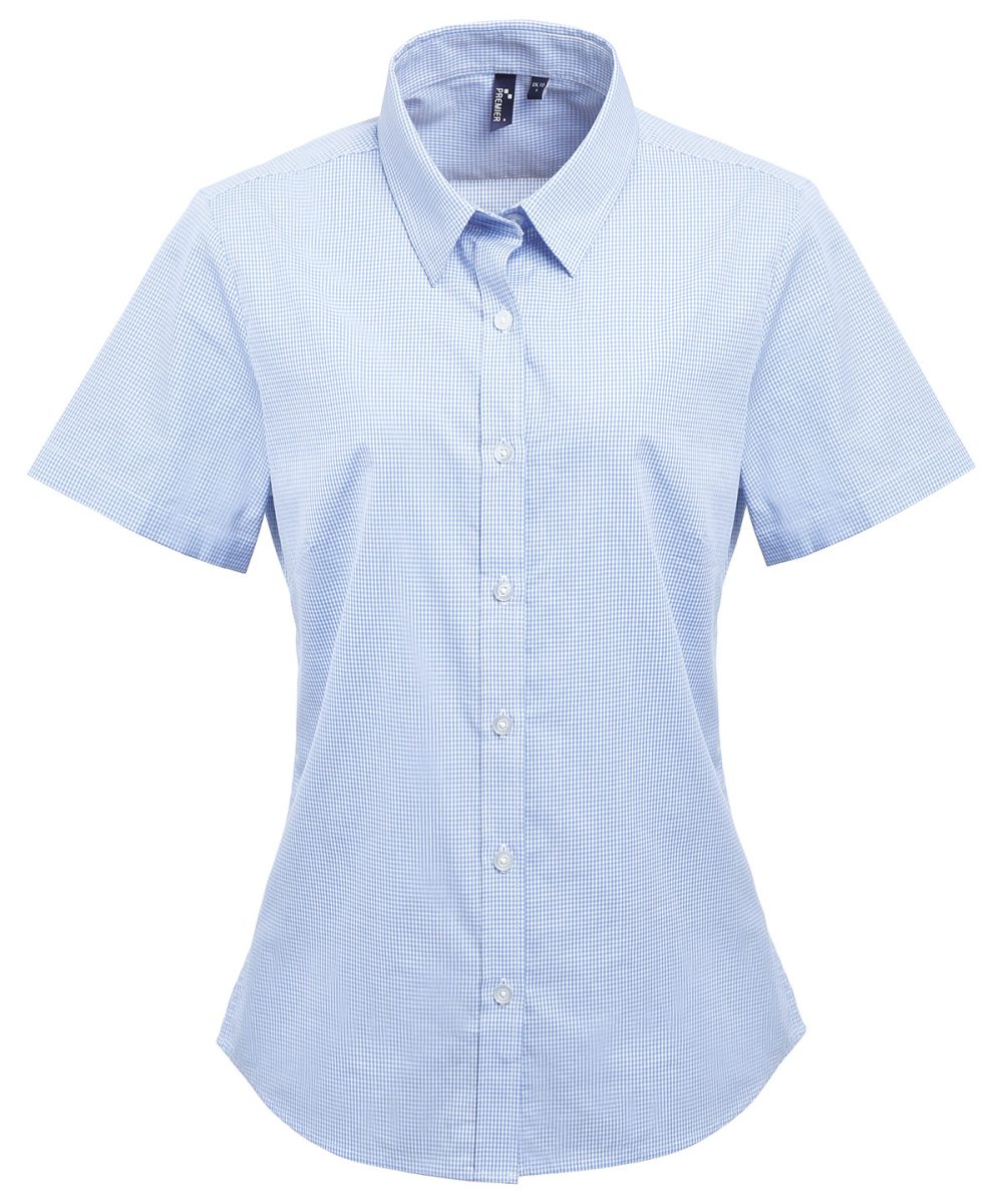 Light Blue/White Women's Microcheck (Gingham) short sleeve cotton shirt