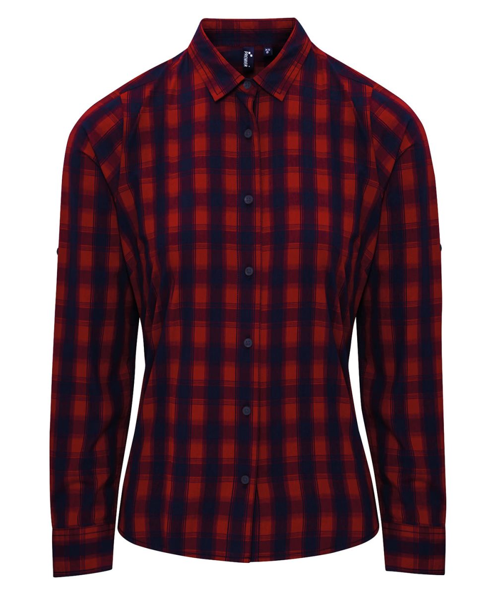 Red/Navy Women's Mulligan check cotton long sleeve shirt