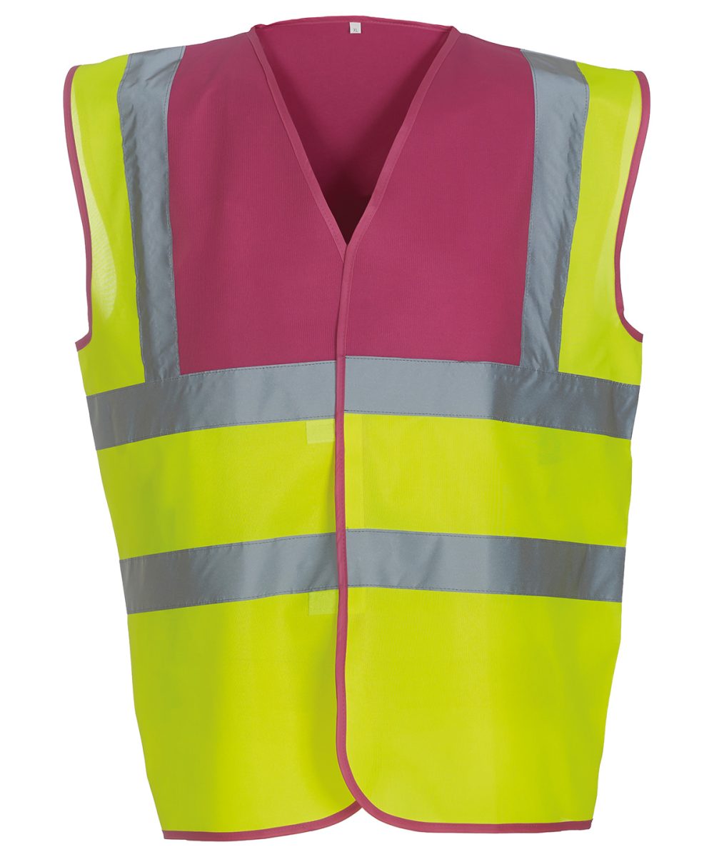 Raspberry Yoke/Yellow Hi-vis 2-band-and-braces waistcoat (HVW100)