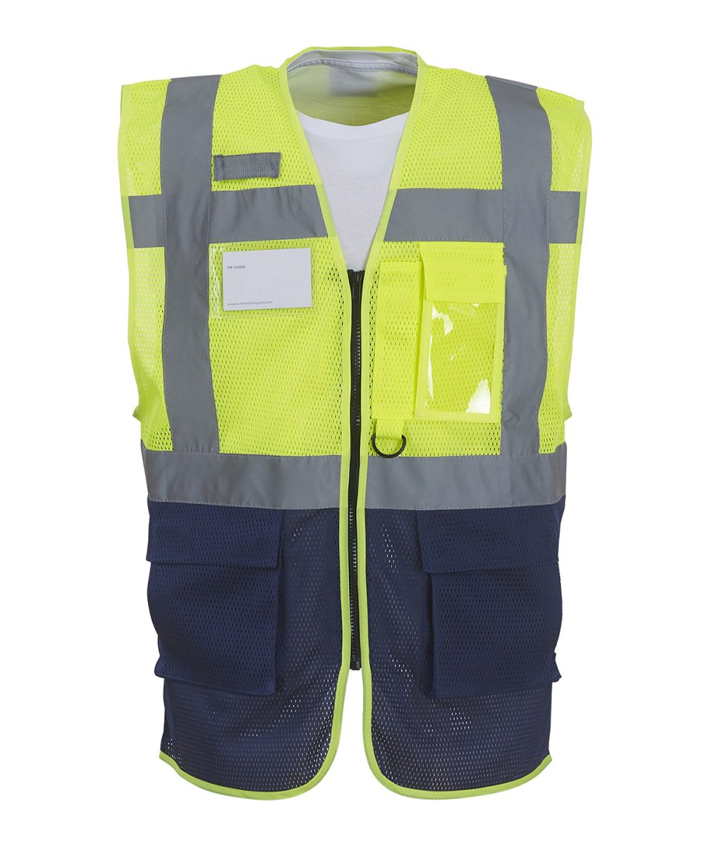 Yellow/Navy Hi-vis top cool open-mesh executive waistcoat (HVW820)