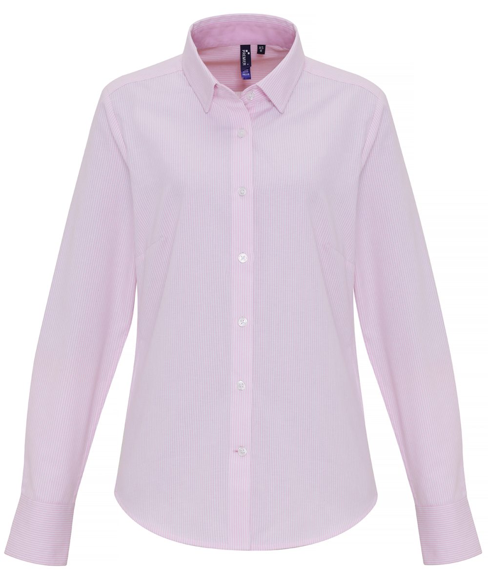 White/Pink Women's cotton-rich Oxford stripes blouse