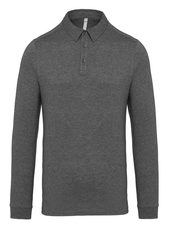 Grey Heather Jersey knit long sleeve polo shirt