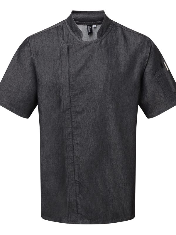 Black Denim Chef's zip-close short sleeve jacket