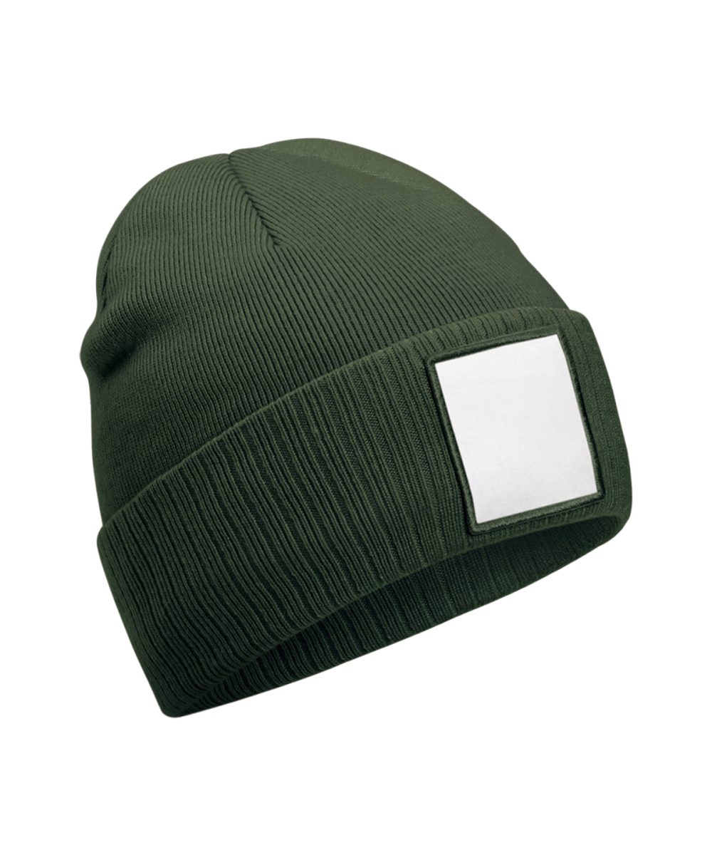 Olive Green/White Appliqué patch beanie