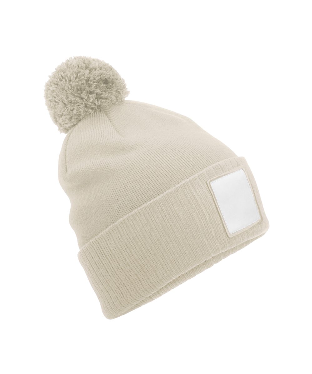 Oatmeal/White Appliqué patch pom beanie