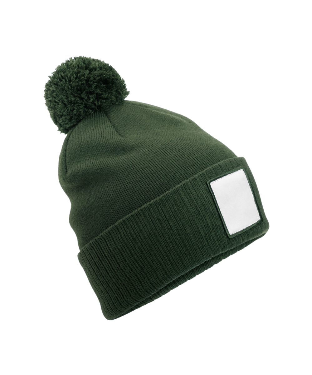 Olive Green/White Appliqué patch pom beanie