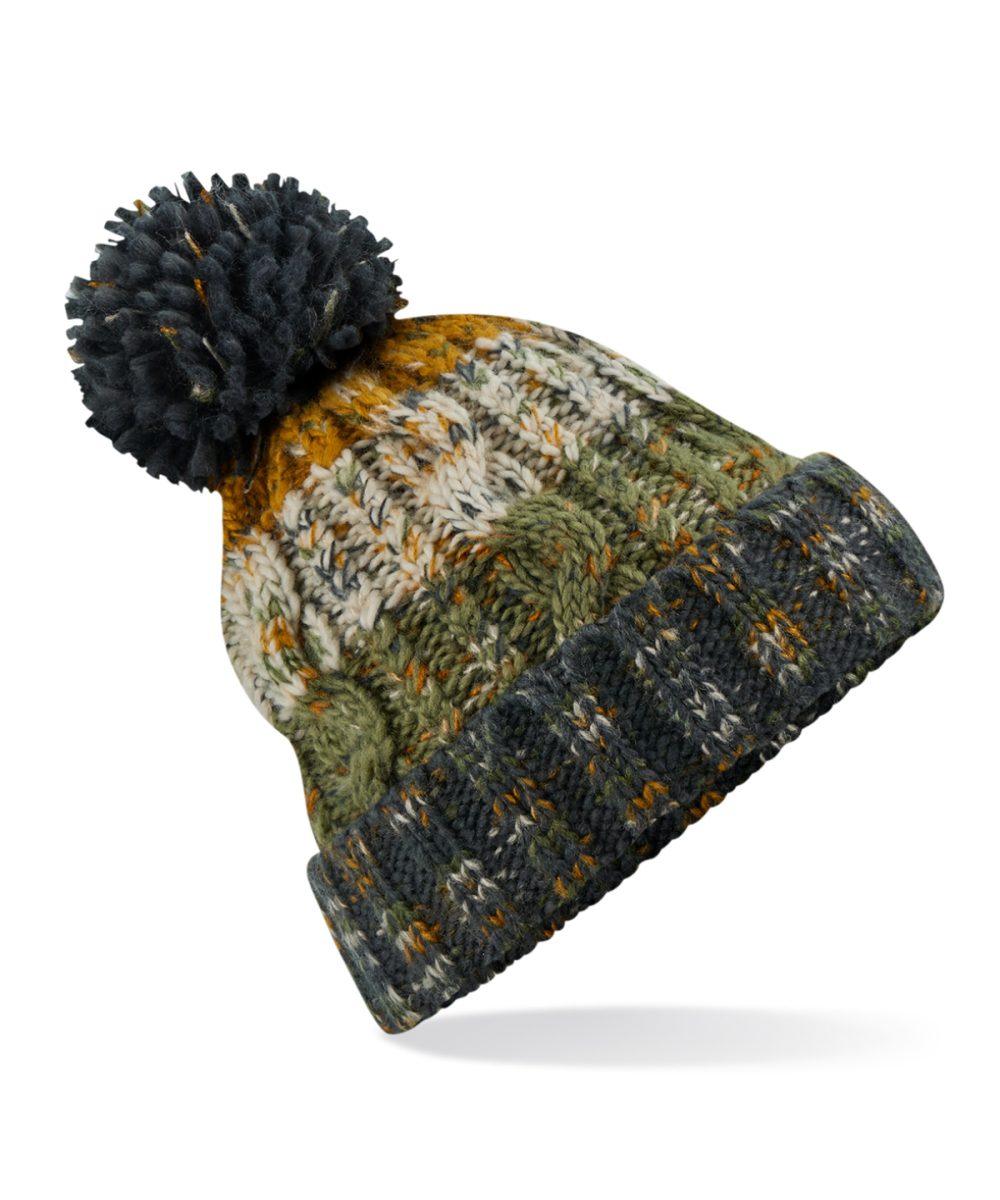 Autumn Moss Corkscrew pom pom beanie