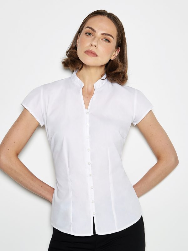 Women's continental blouse mandarin collar cap sleeve (tailored fit)