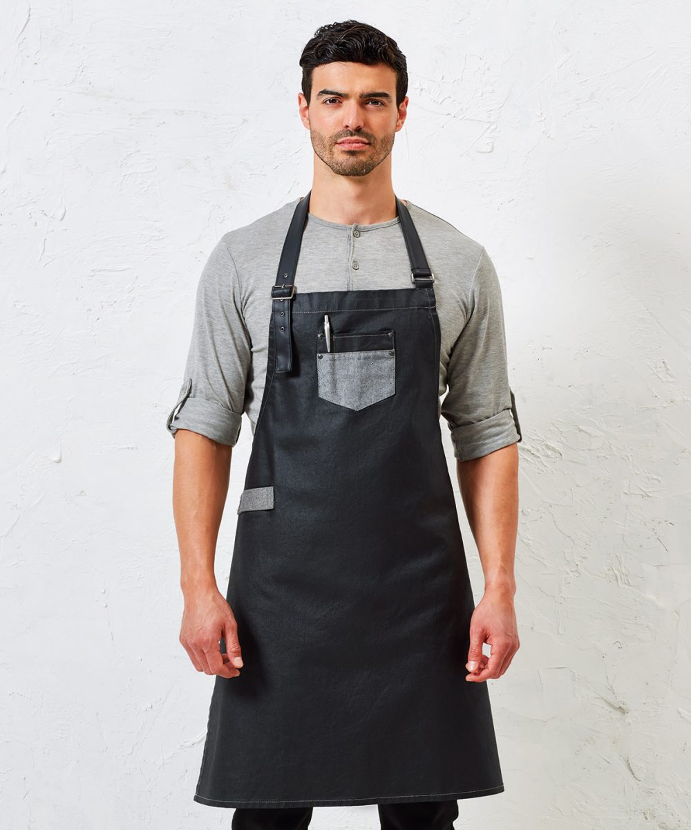 Division waxed-look denim bib apron with faux leather