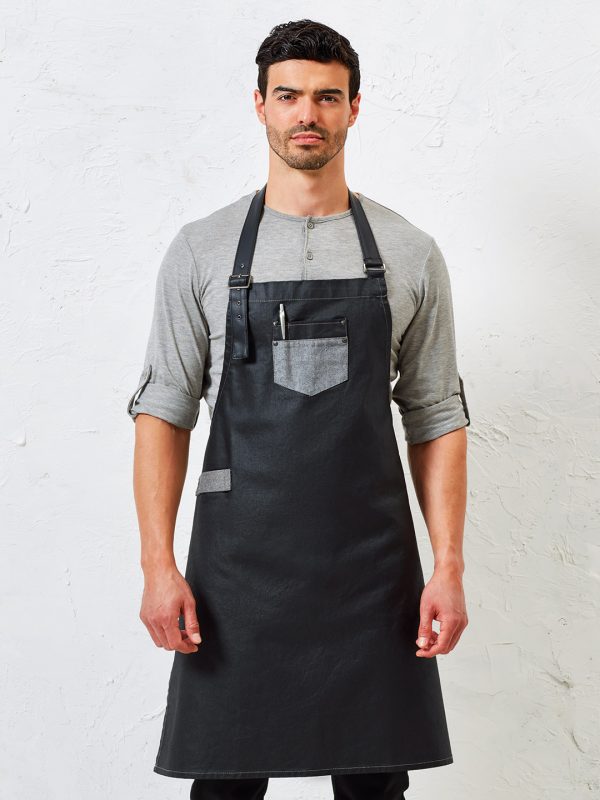 Division waxed-look denim bib apron with faux leather