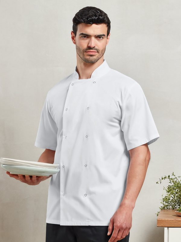 Studded front short sleeve chef's jacket