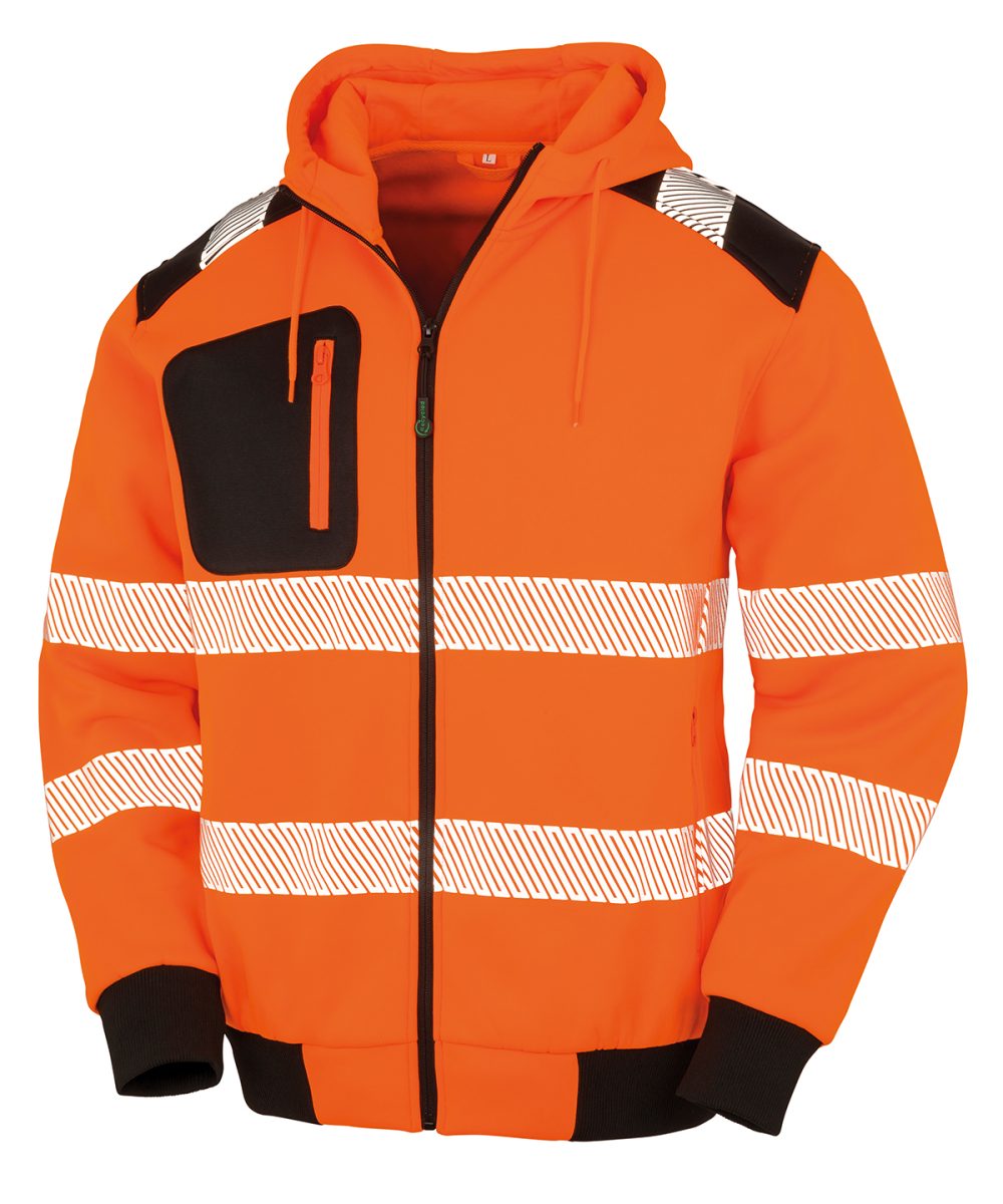 Fluorescent Orange/Black Recycled robust zipped safety hoodie