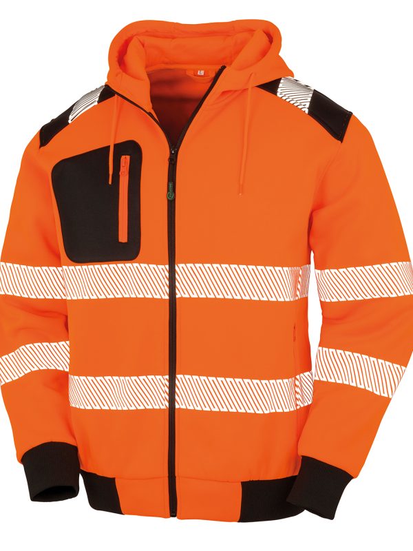 Fluorescent Orange/Black Recycled robust zipped safety hoodie