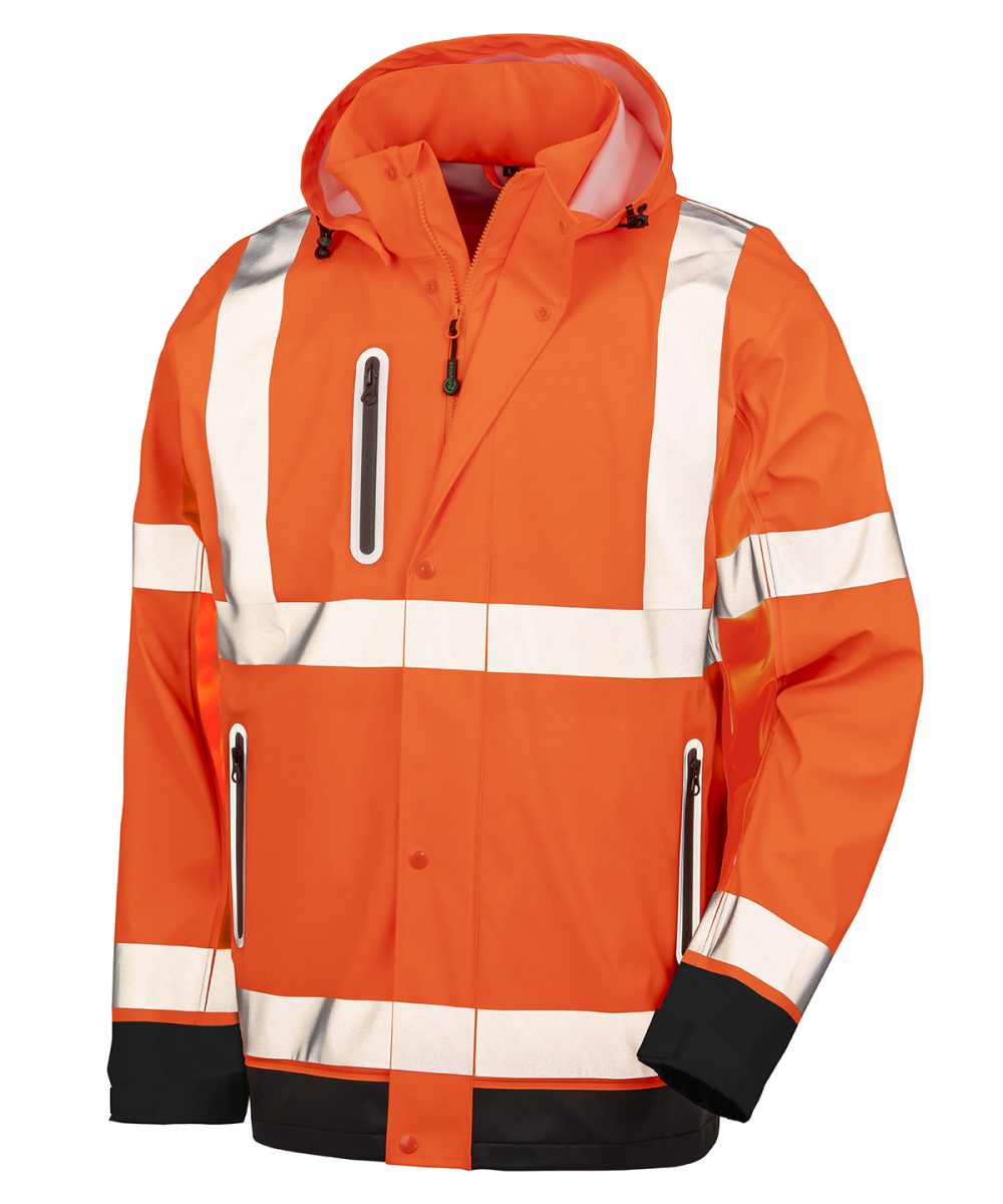 Fluorescent Orange/Black Heavy-duty prism PU safe and dry jacket with recycled backing