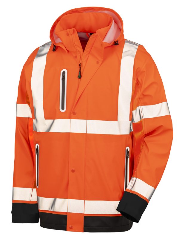 Fluorescent Orange/Black Heavy-duty prism PU safe and dry jacket with recycled backing