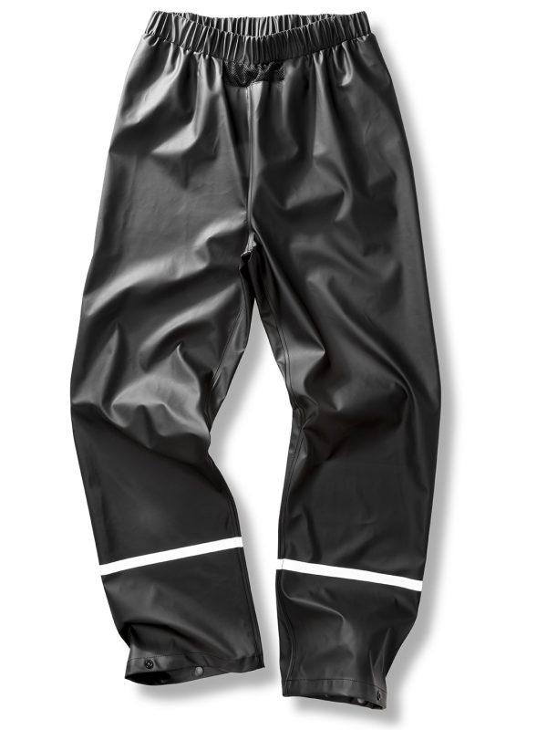 Black Prism PU waterproof trousers with reflective bands and recycled backing