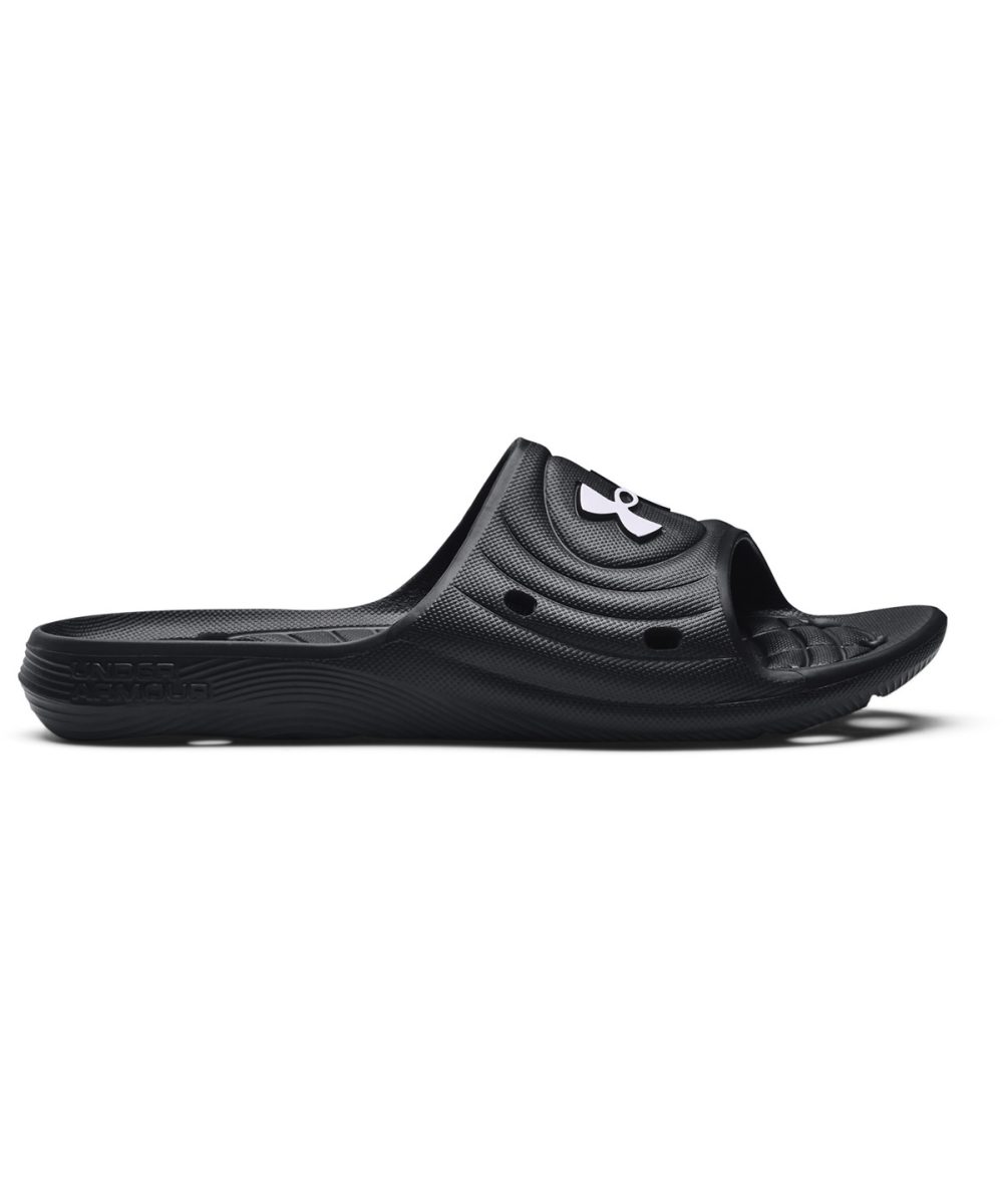 Black/Black/White UA Locker IV slides