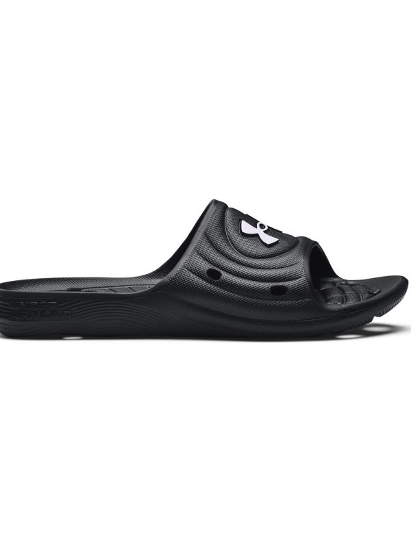 Black/Black/White UA Locker IV slides