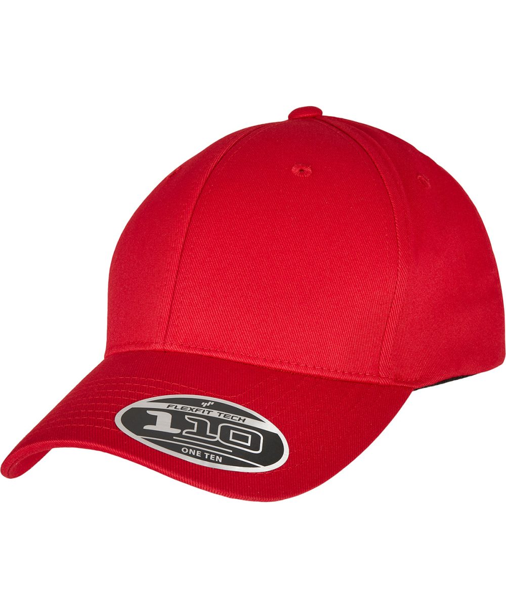 Red Flexfit 110 curved visor snapback