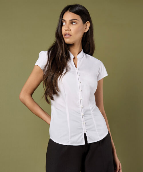 Women'S Continental Blouse Mandarin Collar Cap Sleeve (Tailored Fit)